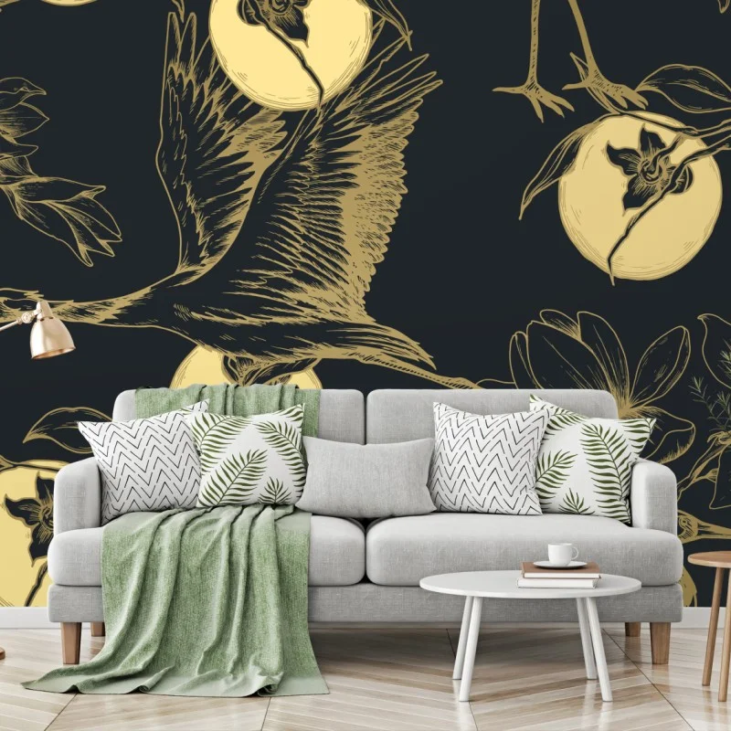 Carta da parati aironi e magnolie sotto la luna