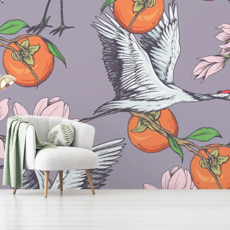 Carta da parati motivo elegante con gru, cachi e magnolie su sfondo lilla