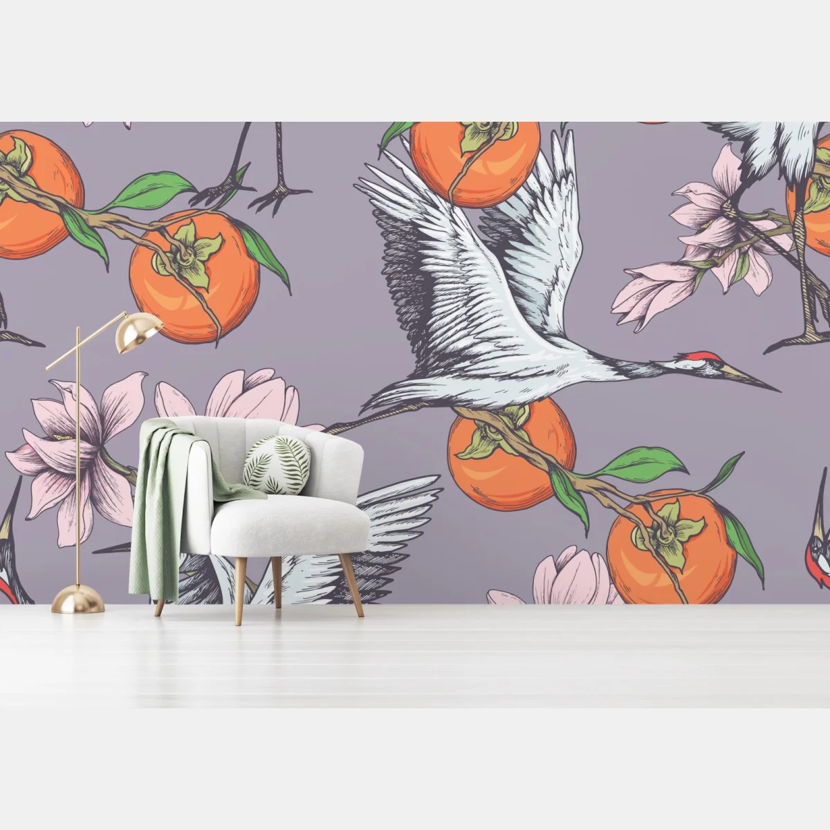 Carta da parati motivo elegante con gru, cachi e magnolie su sfondo lilla • Wallissimo® Carta da parati motivo elegante con gru, cachi e magnolie su sfondo lilla • Wallissimo®
