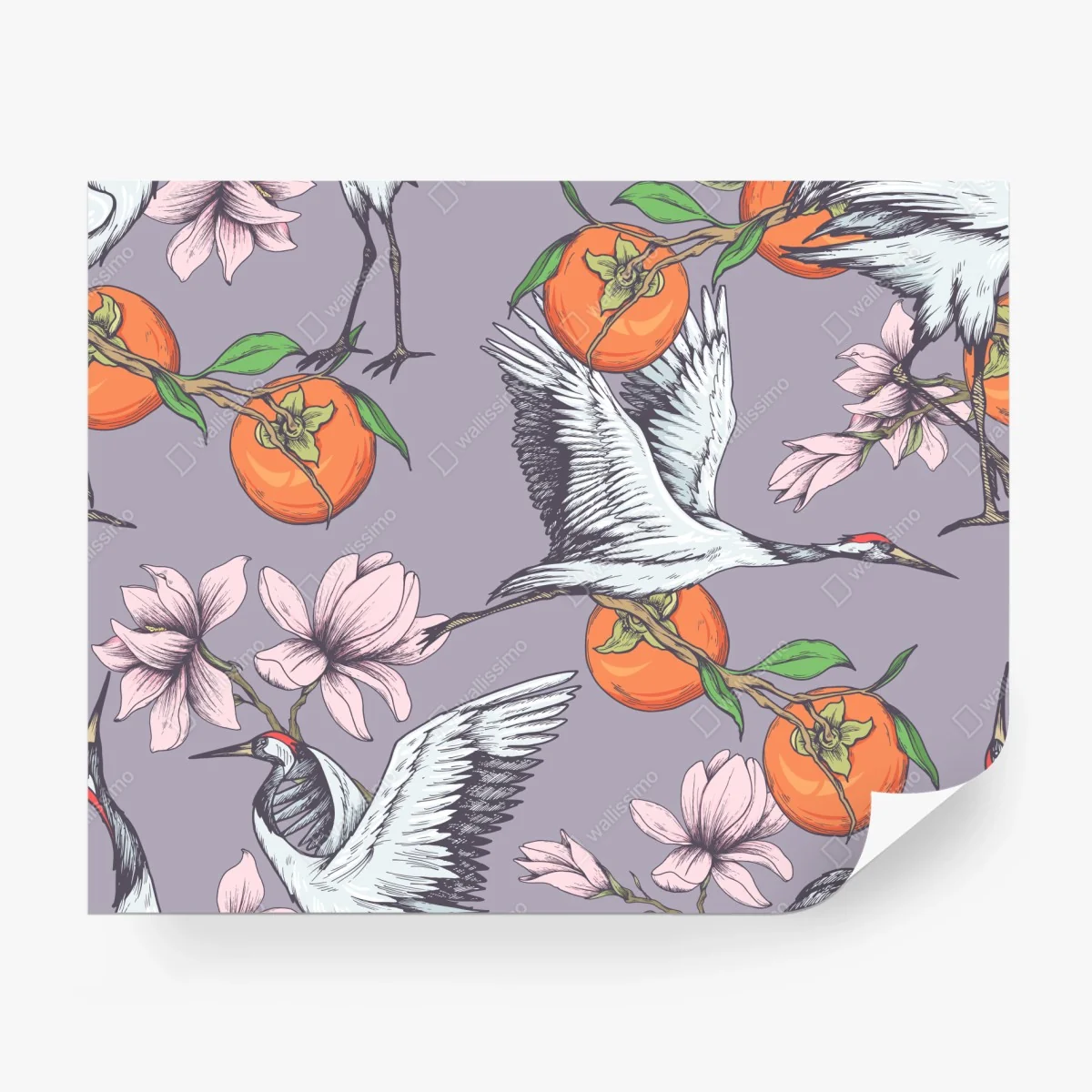 Carta da parati motivo elegante con gru, cachi e magnolie su sfondo lilla • Wallissimo® Carta da parati motivo elegante con gru, cachi e magnolie su sfondo lilla • Wallissimo®