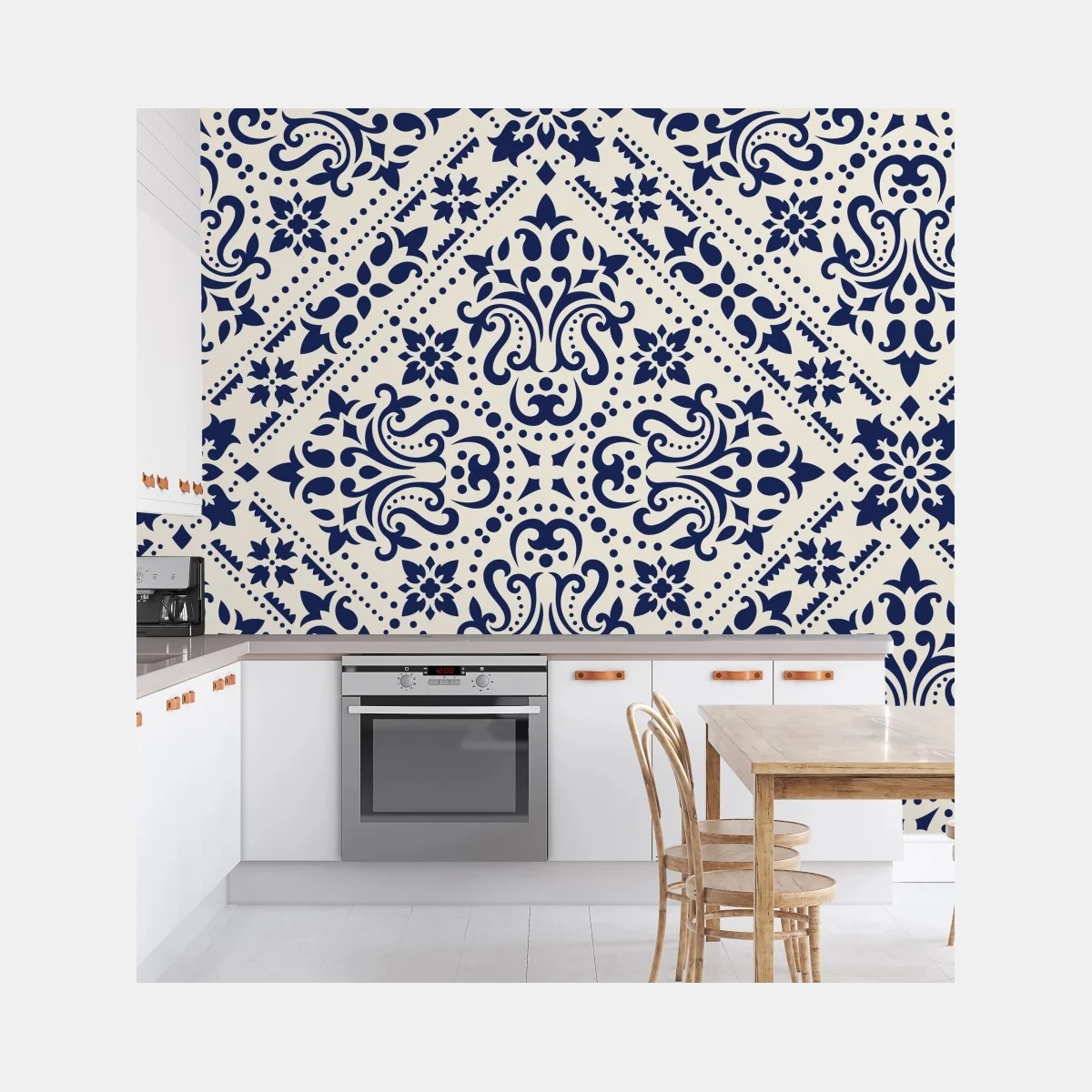 Carta da parati motivo damascato blu navy su sfondo crema • Wallissimo® Carta da parati motivo damascato blu navy su sfondo crema • Wallissimo®