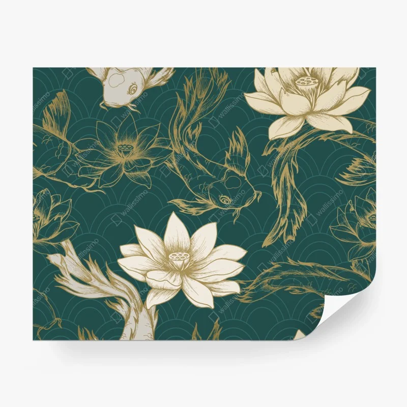 Carta da parati motivo carpe koi e fiori di loto su sfondo verde petrolio