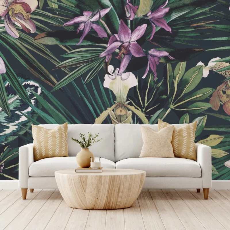 Carta da parati giardino tropicale di orchidee acquerellate