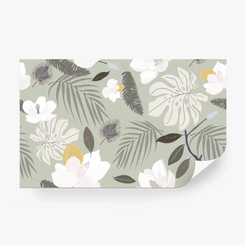 Carta da parati motivo botanico elegante in tonalità salvia