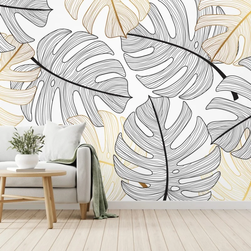 Carta da parati eleganza botanica: foglie di monstera in oro e nero