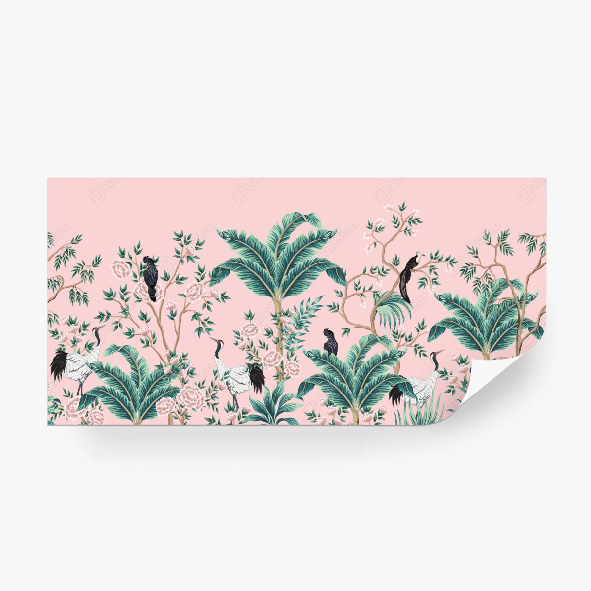 Carta da parati giungla botanica e uccelli su sfondo rosa • Wallissimo®
