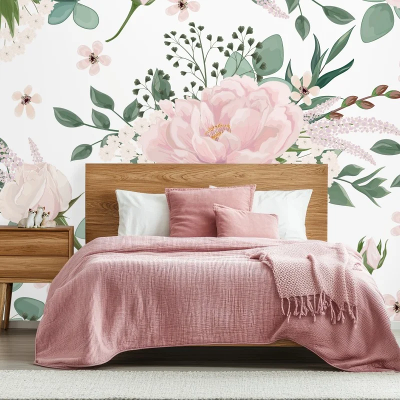 Carta da parati bouquet di peonie rosa su sfondo bianco