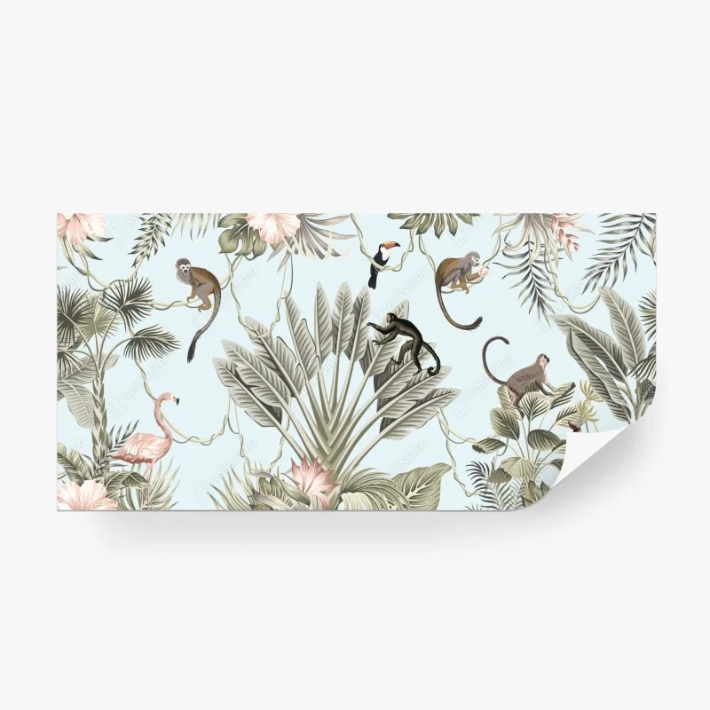 Carta da parati paesaggio tropicale con fauna illustrata