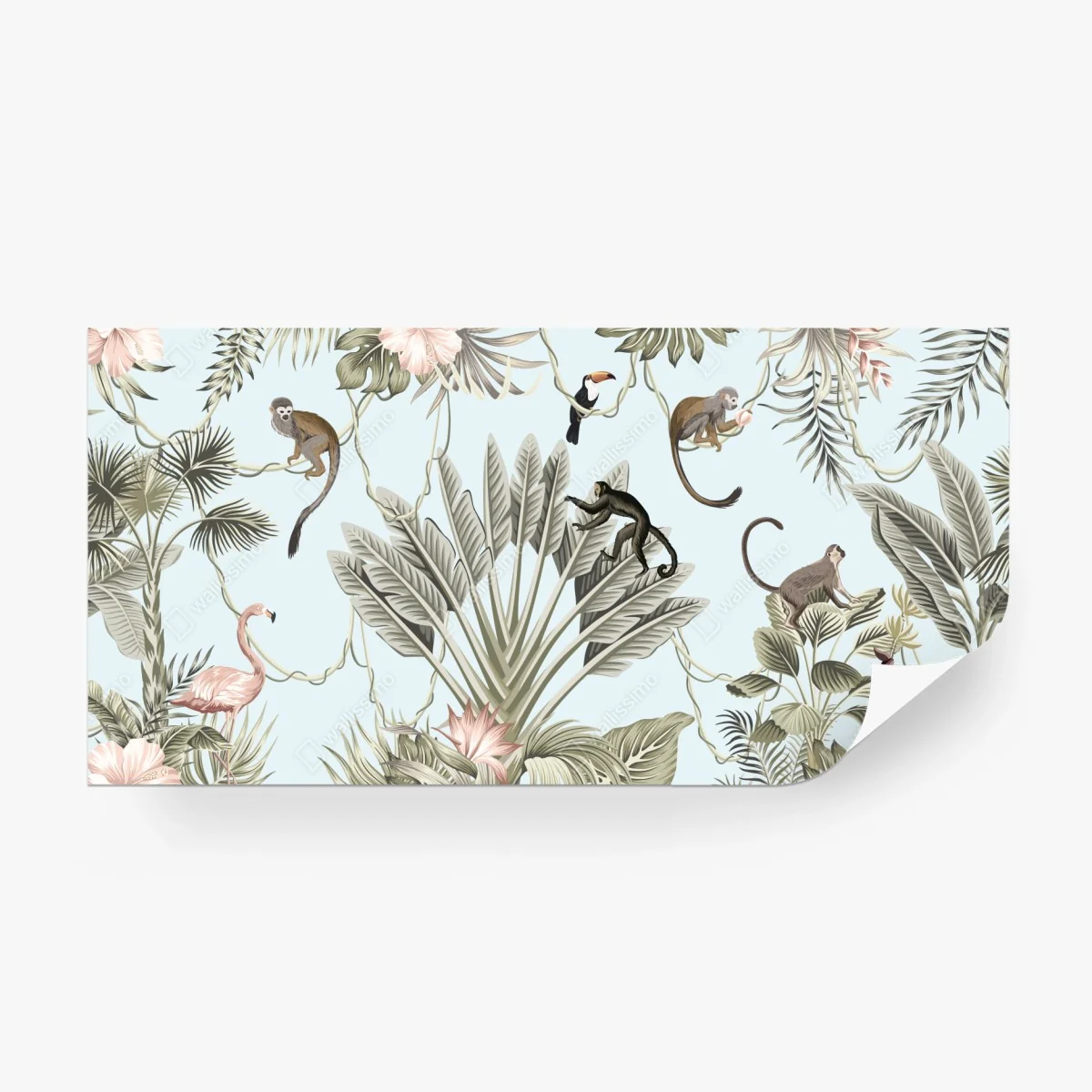 Carta da parati paesaggio tropicale con fauna illustrata • Wallissimo®