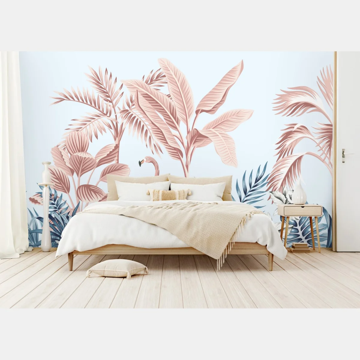 Carta da parati scena tropicale rosa e azzurra con fenicottero • Wallissimo® Carta da parati scena tropicale rosa e azzurra con fenicottero • Wallissimo®