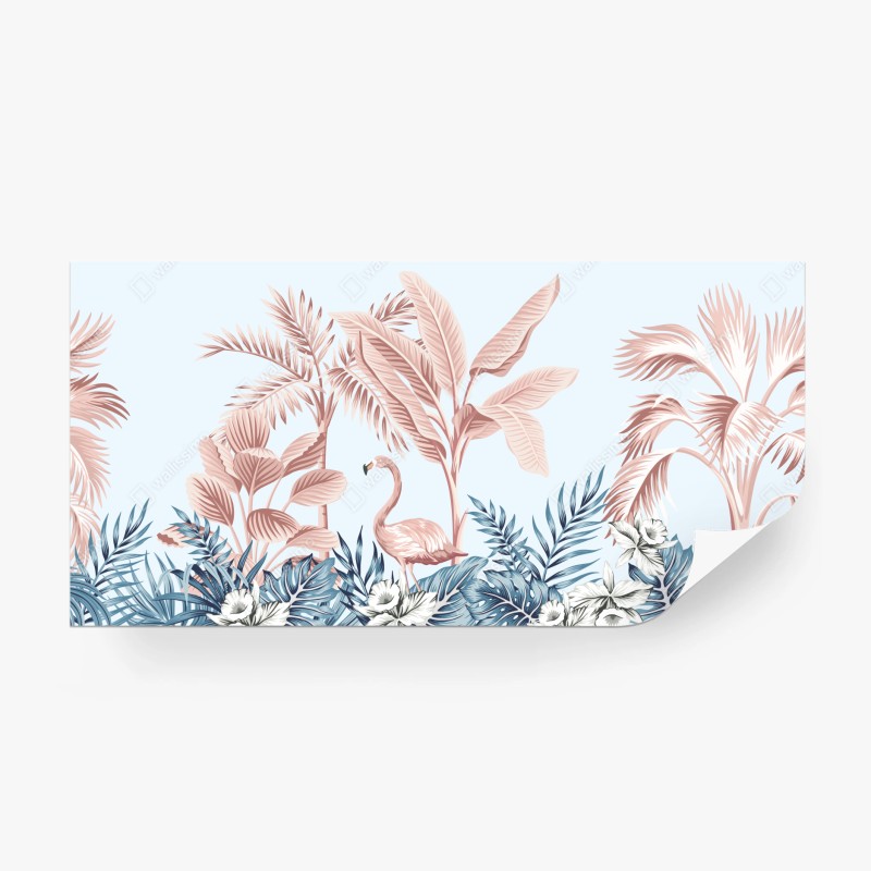 Carta da parati scena tropicale rosa e azzurra con fenicottero