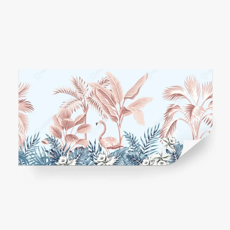 Carta da parati scena tropicale rosa e azzurra con fenicottero