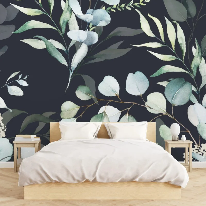 Carta da parati motivo botanico di eucalipto su sfondo scuro