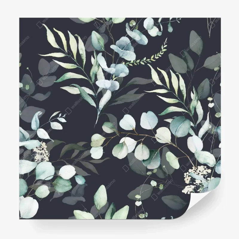 Carta da parati motivo botanico di eucalipto su sfondo scuro