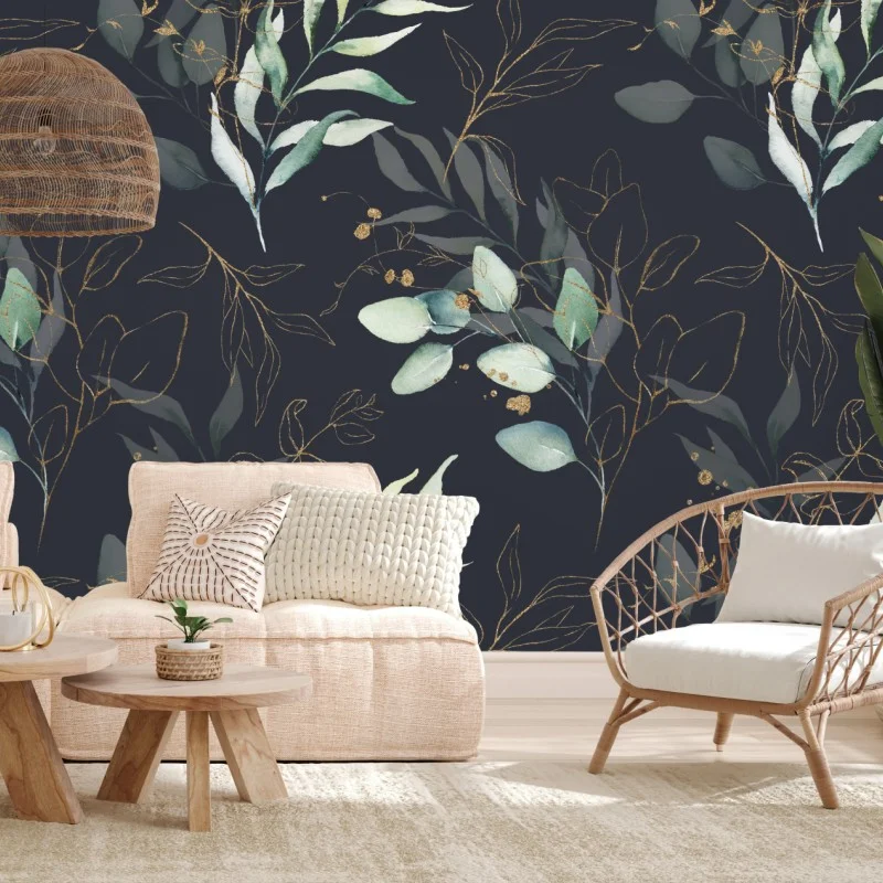 Carta da parati motivo botanico elegante con dettagli dorati