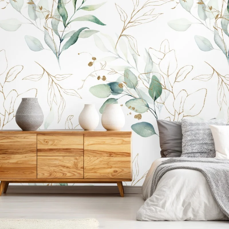 Carta da parati motivo botanico acquerellato con accenti dorati