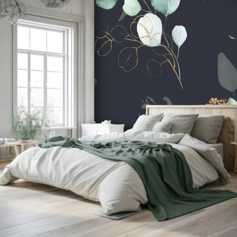 Carta da parati rami di eucalipto con accenti dorati su fondo scuro