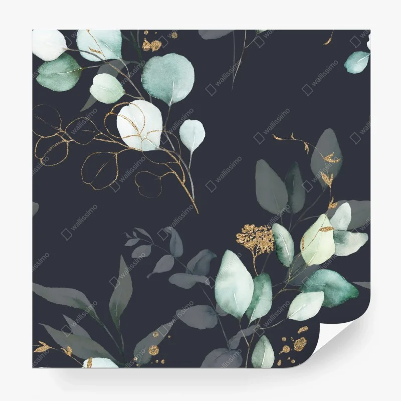 Carta da parati rami di eucalipto con accenti dorati su fondo scuro