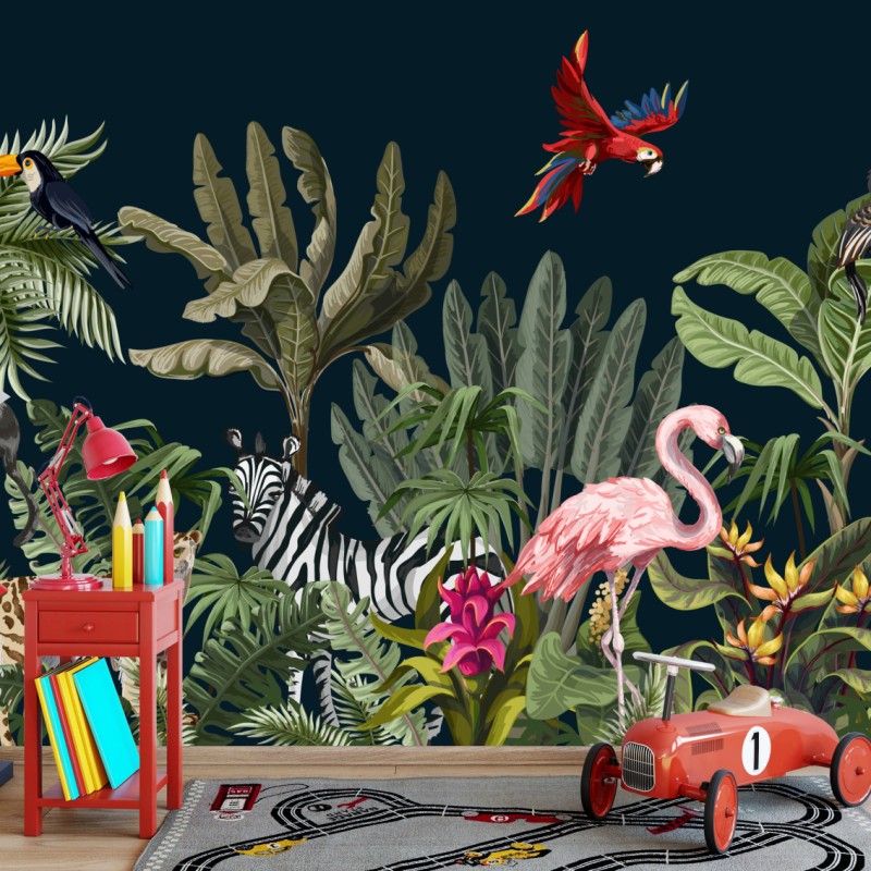 Carta da parati paesaggio tropicale con fauna esotica