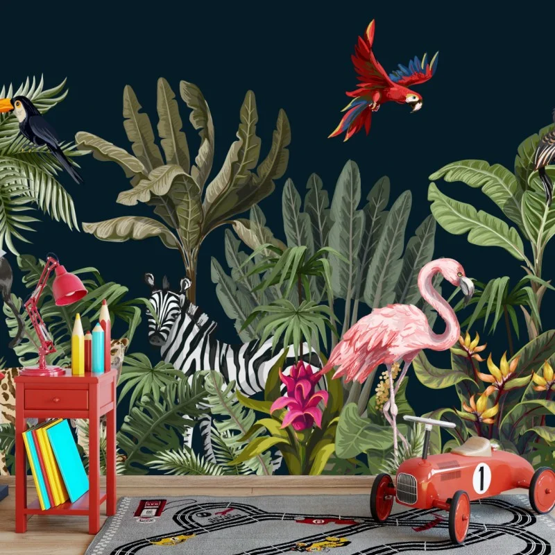 Carta da parati paesaggio tropicale con fauna esotica