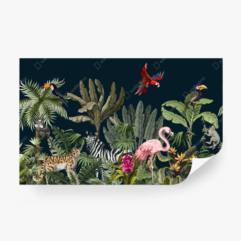 Carta da parati paesaggio tropicale con fauna esotica