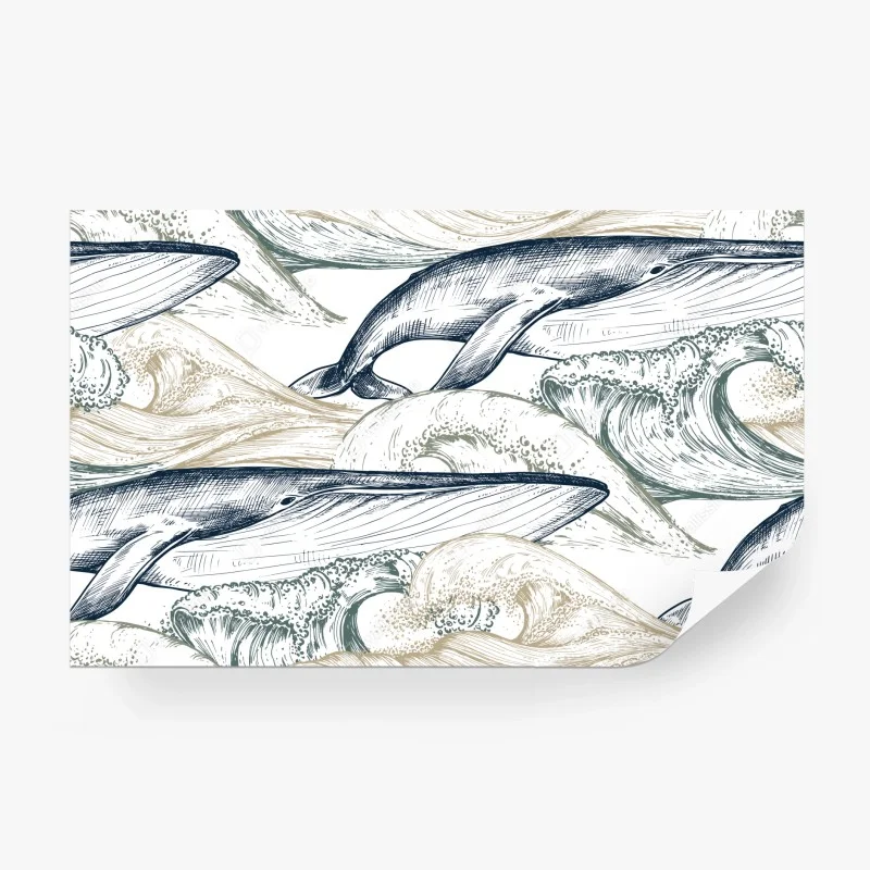 Carta da parati balene e onde in stile inciso