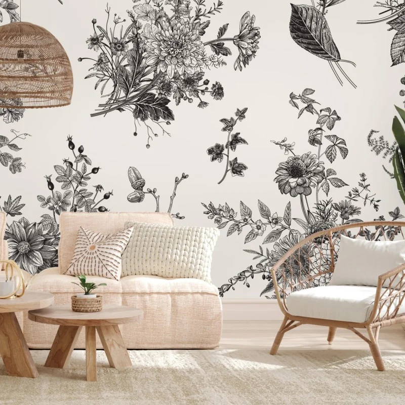 Carta da parati motivo botanico vintage in bianco e nero