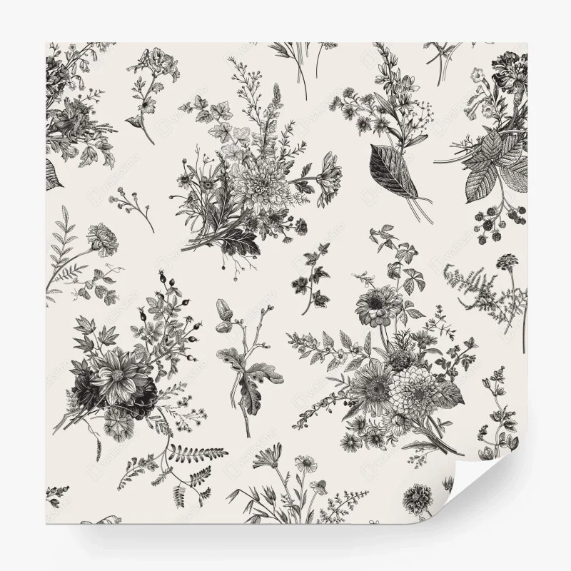 Carta da parati motivo botanico vintage in bianco e nero