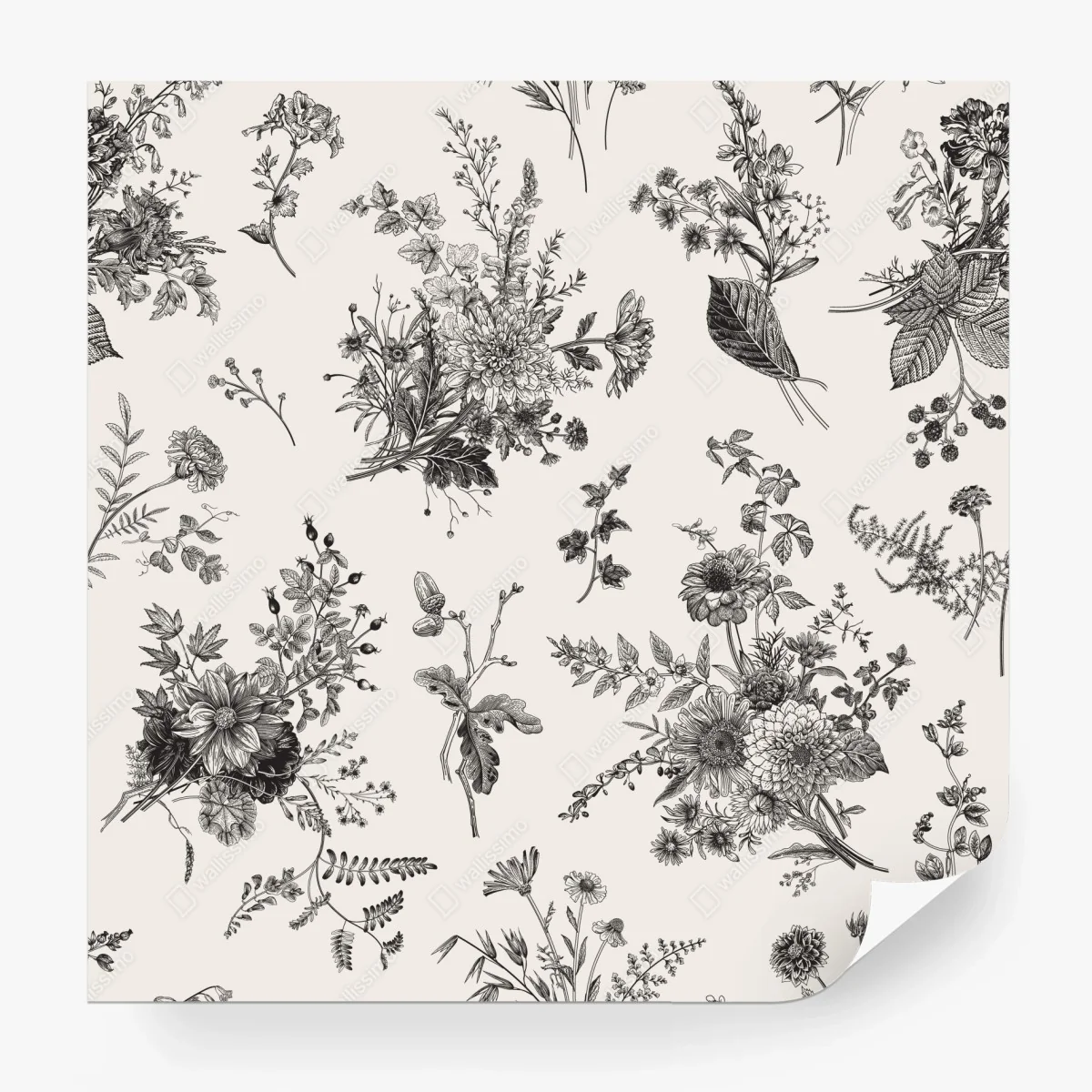Carta da parati motivo botanico vintage in bianco e nero • Wallissimo® Carta da parati motivo botanico vintage in bianco e nero • Wallissimo®