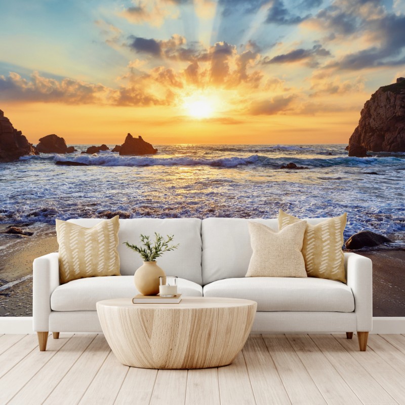 Carta da parati tramonto dorato sulla costa rocciosa
