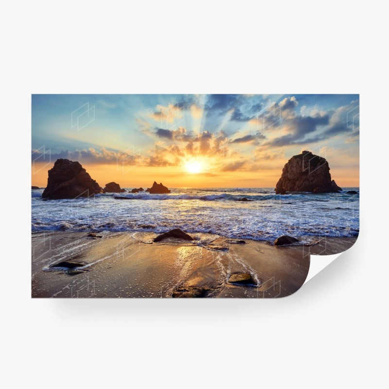 Carta da parati tramonto dorato sulla costa rocciosa