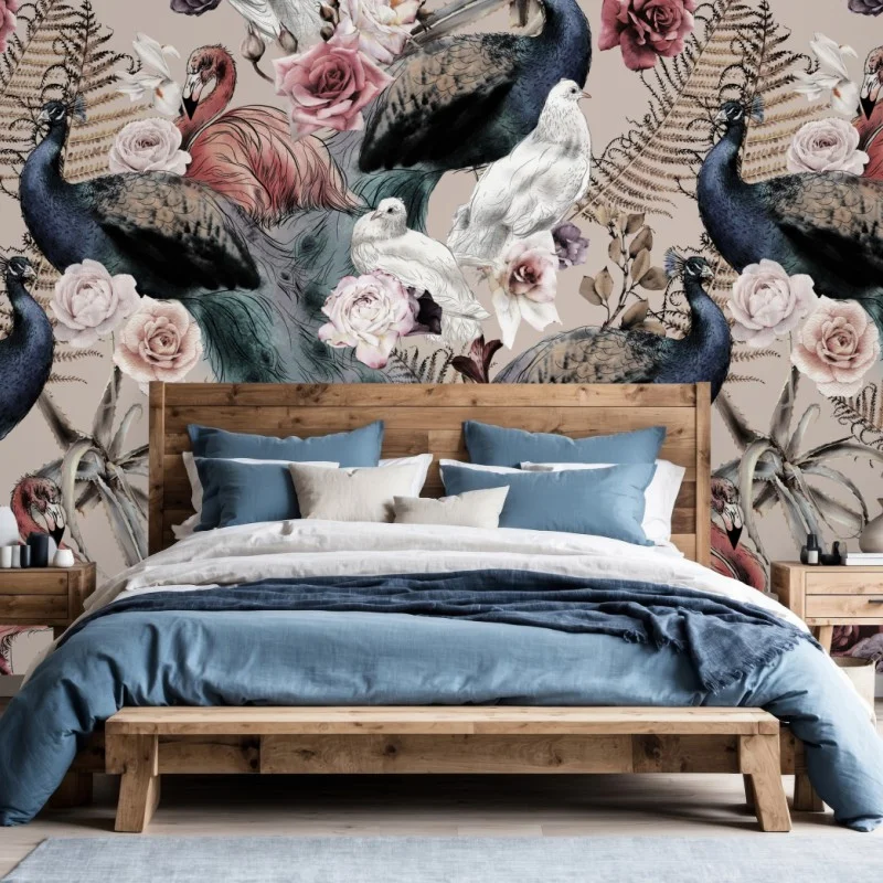 Carta da parati motivo floreale senza soluzione con uccelli in acquerello