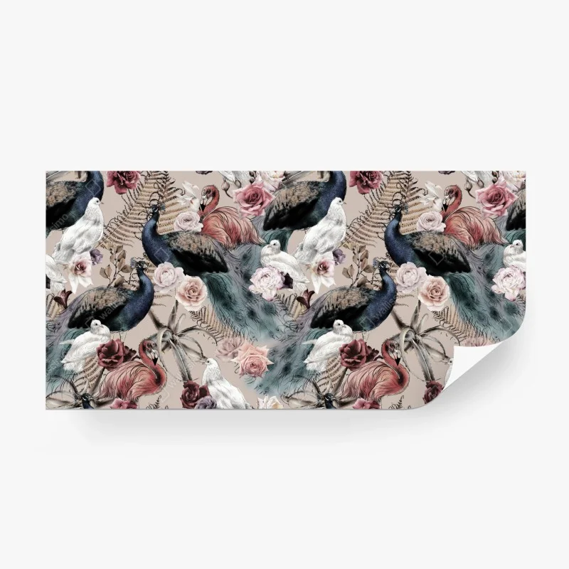 Carta da parati motivo floreale senza soluzione con uccelli in acquerello