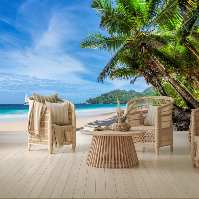 Carta da parati oasi tropicale con palme e mare turchese