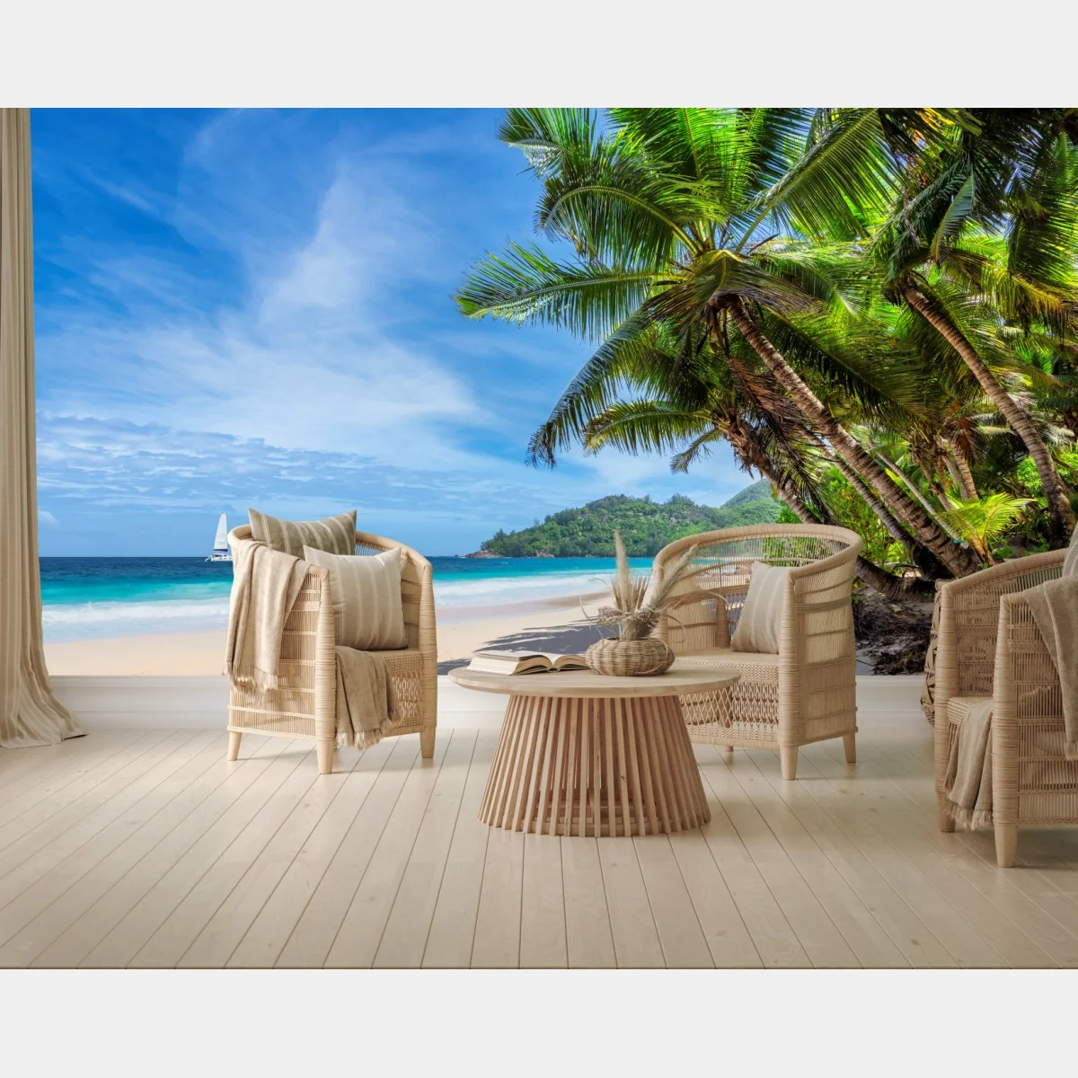 Carta da parati oasi tropicale con palme e mare turchese • Wallissimo® Carta da parati oasi tropicale con palme e mare turchese • Wallissimo®