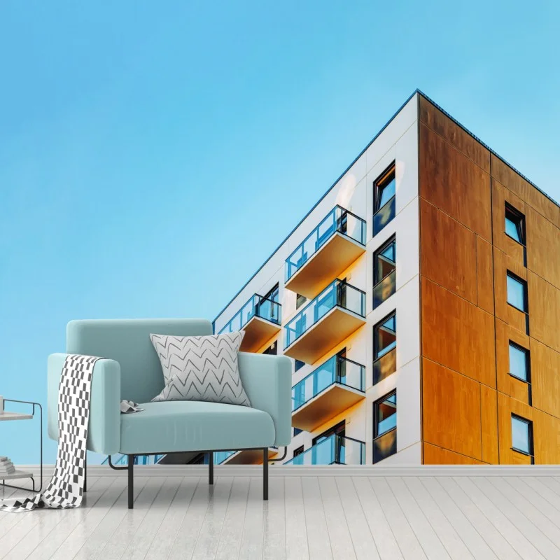 Carta da parati facciata moderna con balconi su cielo azzurro