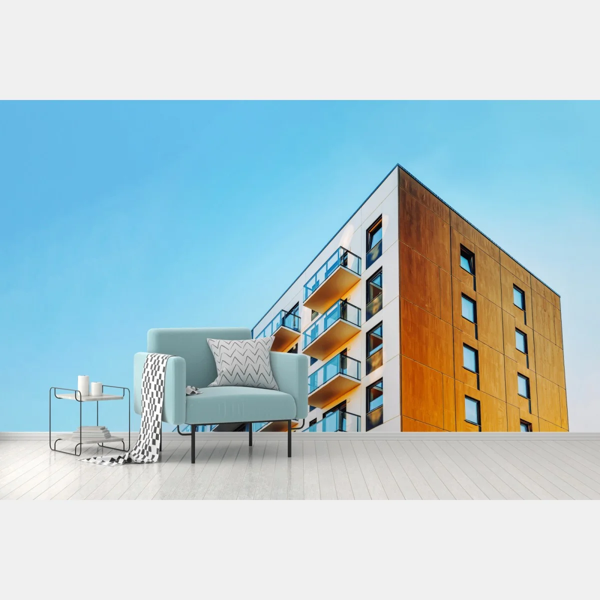 Carta da parati facciata moderna con balconi su cielo azzurro • Wallissimo® Carta da parati facciata moderna con balconi su cielo azzurro • Wallissimo®