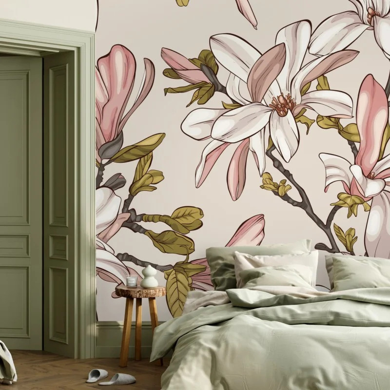 Carta da parati magnolie in fiore su sfondo pastello