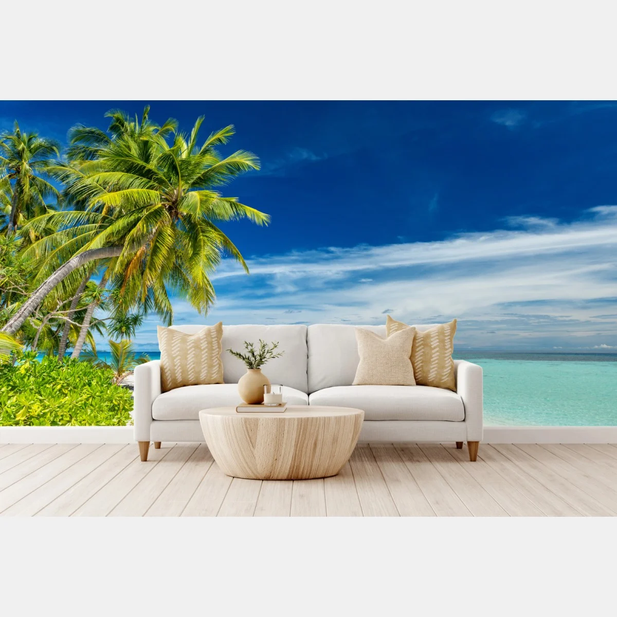 Carta da parati oasi tropicale di palme e mare turchese • Wallissimo® Carta da parati oasi tropicale di palme e mare turchese • Wallissimo®