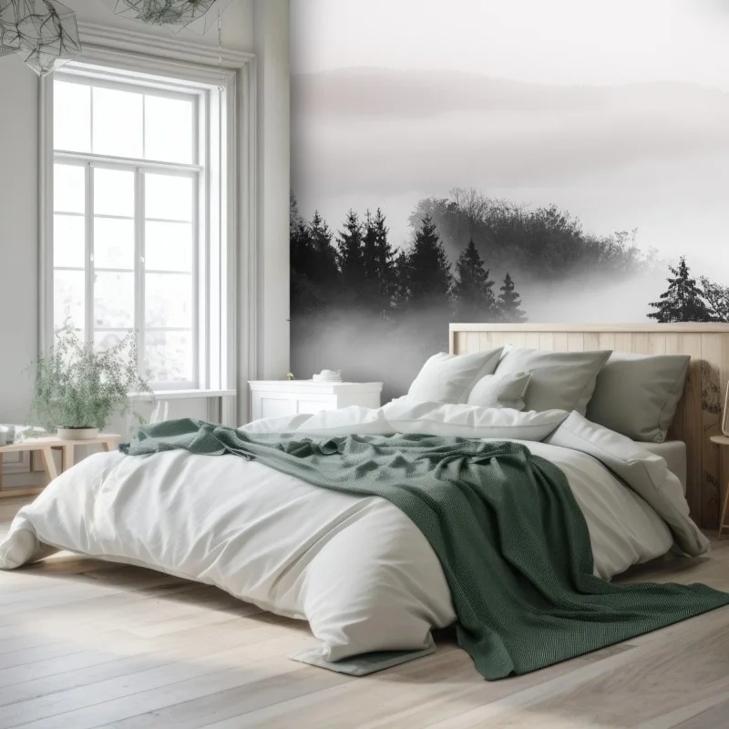 Carta da parati foresta nella nebbia al mattino