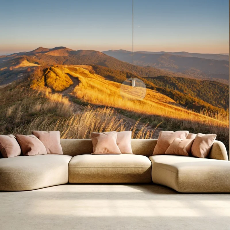 Carta da parati panorama montano al tramonto dorato