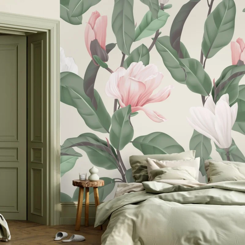 Carta da parati motivo floreale di magnolia anice in toni pastello