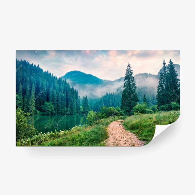 Carta da parati mattina nebbiosa al lago tra le montagne • Wallissimo®