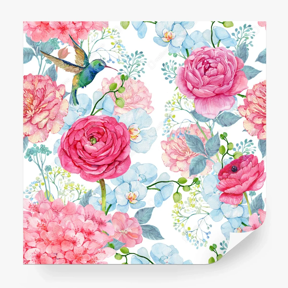 Carta da parati motivo floreale acquerellato con colibrì • Wallissimo®