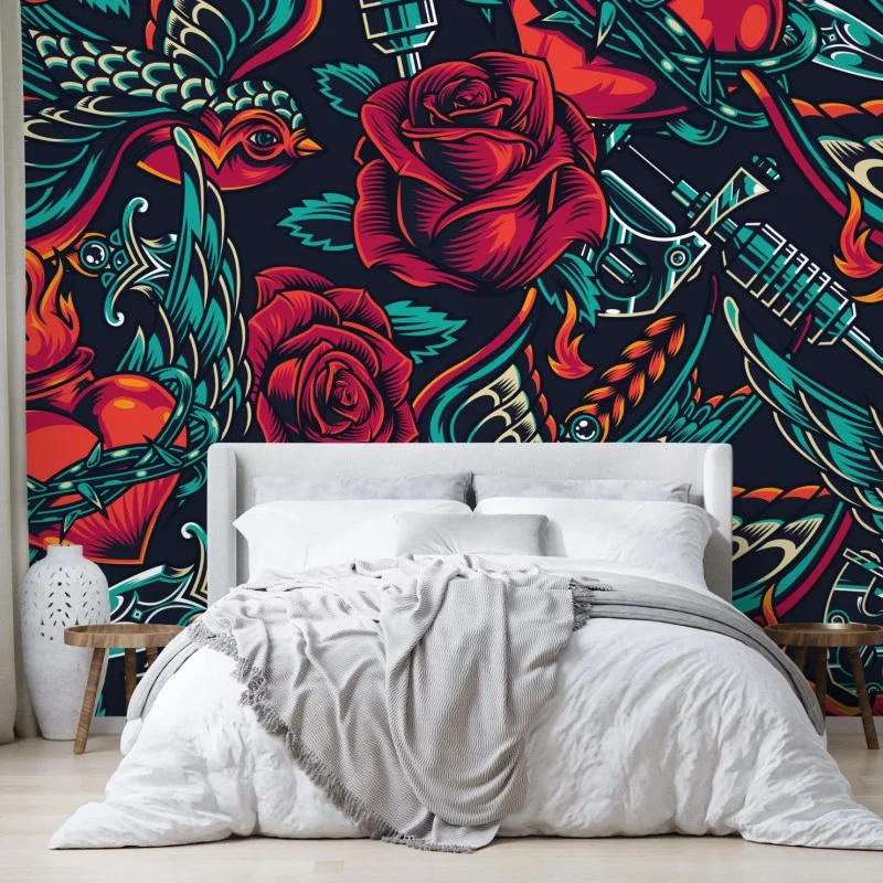Carta da parati motivo tattoo retrò con rose e rondini