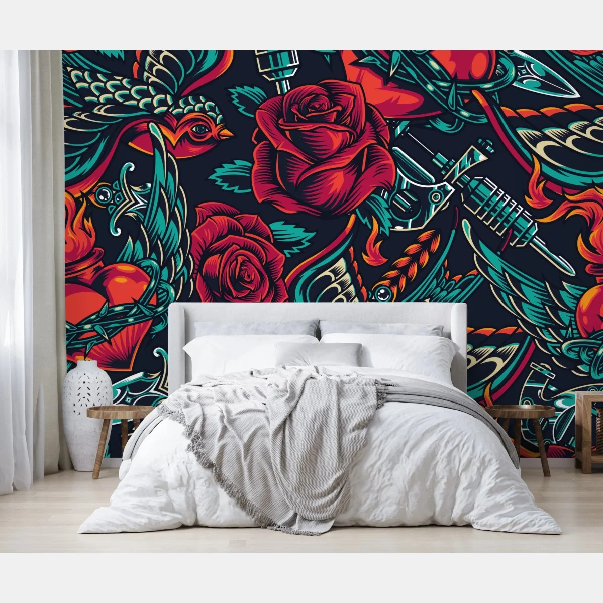 Carta da parati motivo tattoo retrò con rose e rondini • Wallissimo® Carta da parati motivo tattoo retrò con rose e rondini • Wallissimo®