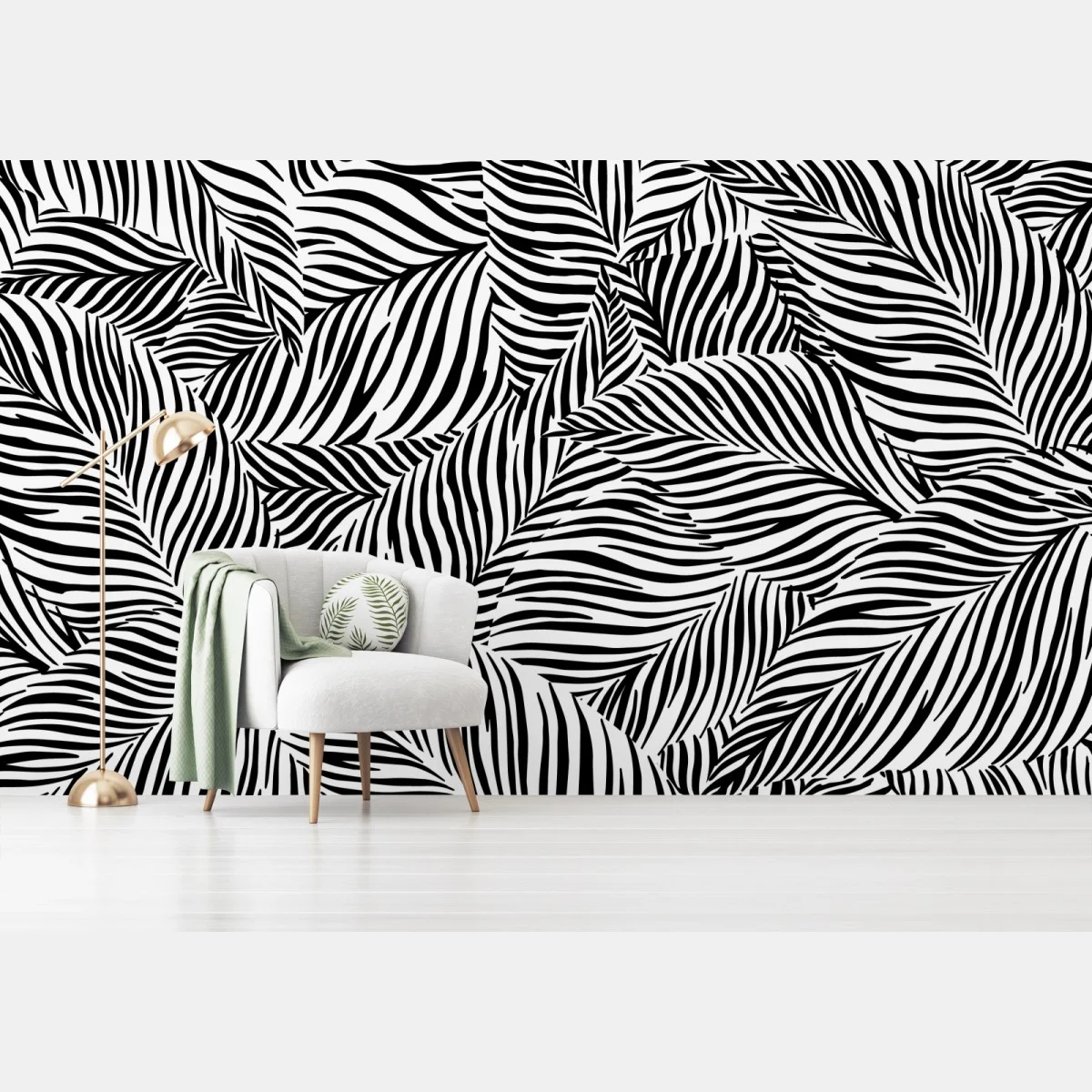 Carta da parati trama di foglie a righe in bianco e nero • Wallissimo® Carta da parati trama di foglie a righe in bianco e nero • Wallissimo®