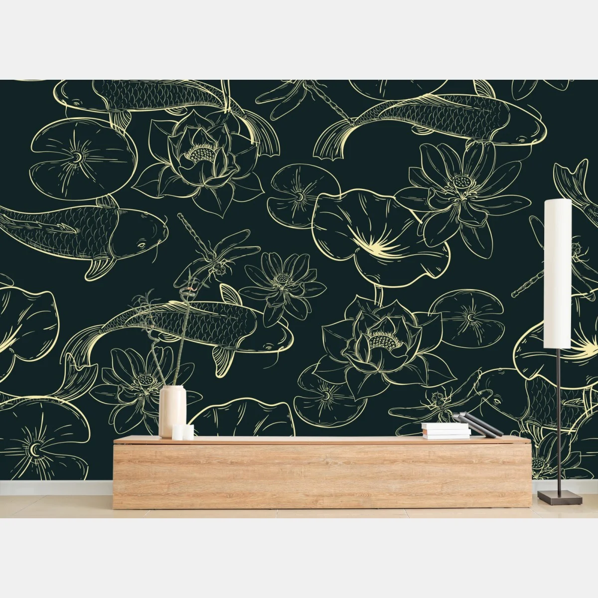 Carta da parati serenità acquatica: carpe koi e fiori di loto • Wallissimo® Carta da parati serenità acquatica: carpe koi e fiori di loto • Wallissimo®