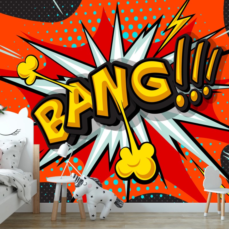 Carta da parati esplosione pop art fumetto con onomatopea bang