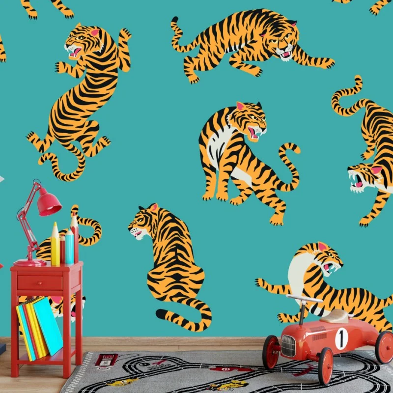 Carta da parati tigri dinamiche su sfondo turchese